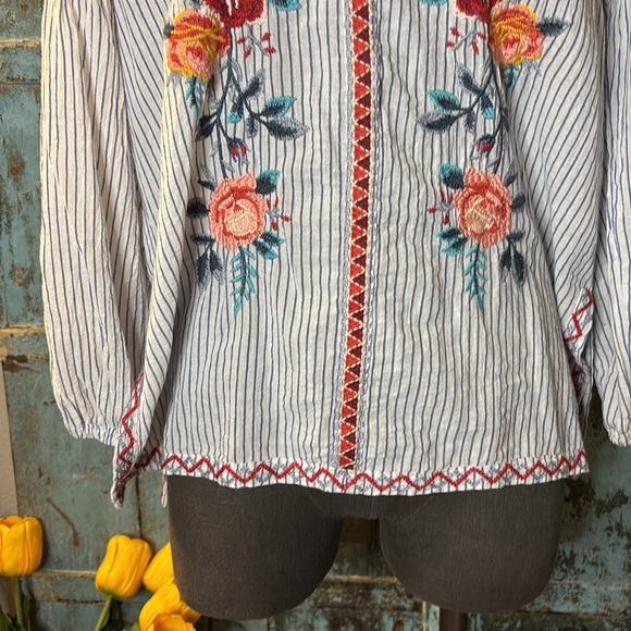 Johnny Was Hummingbird Embroidered Pinstriped Blue White Stripe Tunic Flowers XS - Picture 4 of 15
